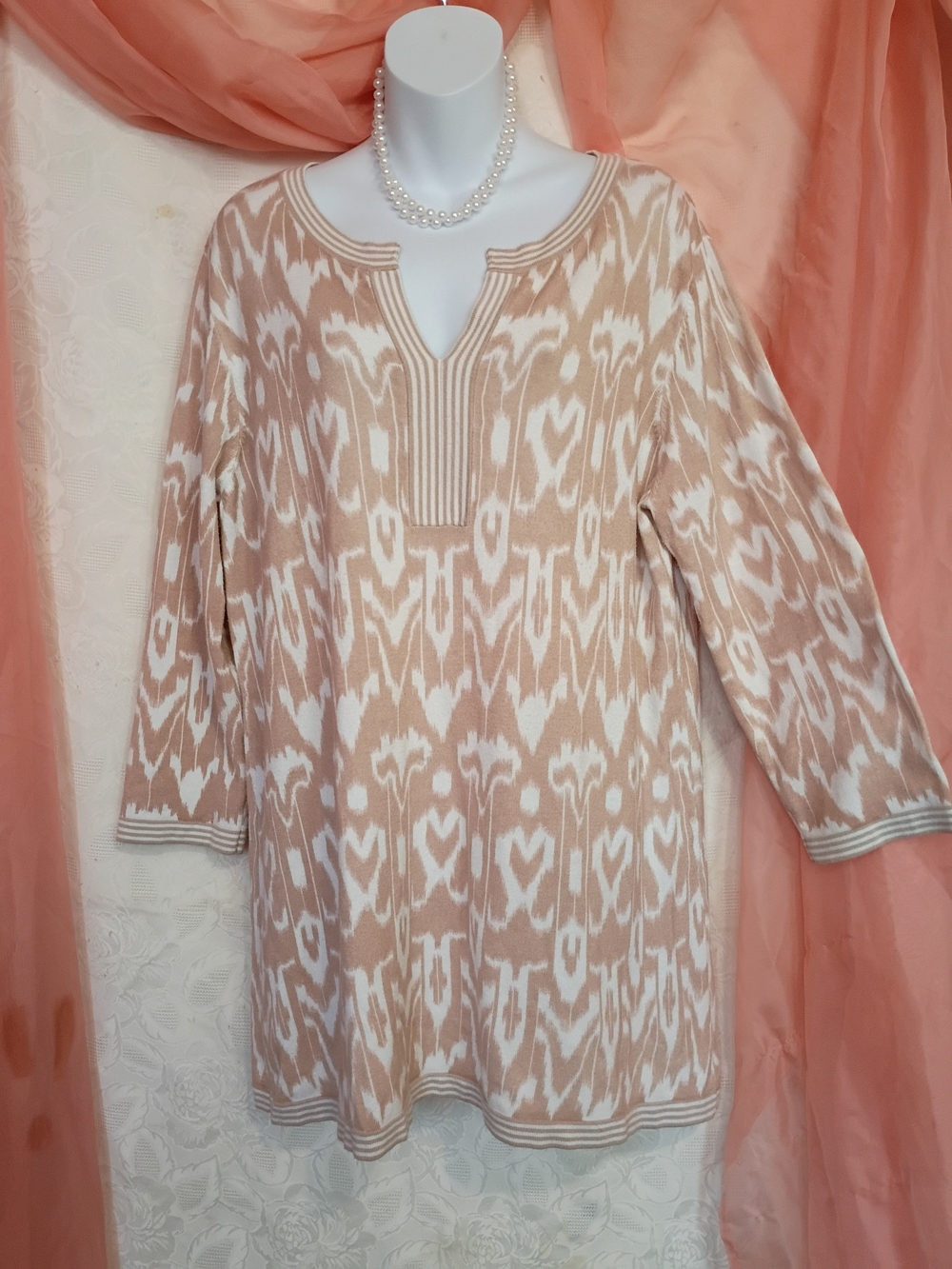 Chico's Ladies Beige & White Ikat-Pattern Long Sleeve Sweater Tunic Sz XL